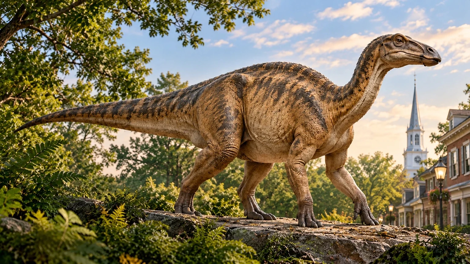 AI-assisted artistic interpretation of a hadrosaur, not a historical photograph