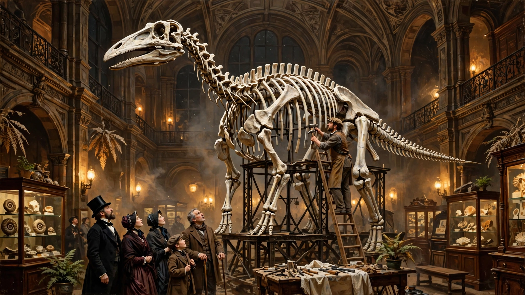 AI-assisted artistic interpretation of the 1868 mounting of the Hadrosaurus skeleton in Philadelphia, not a historical photograph