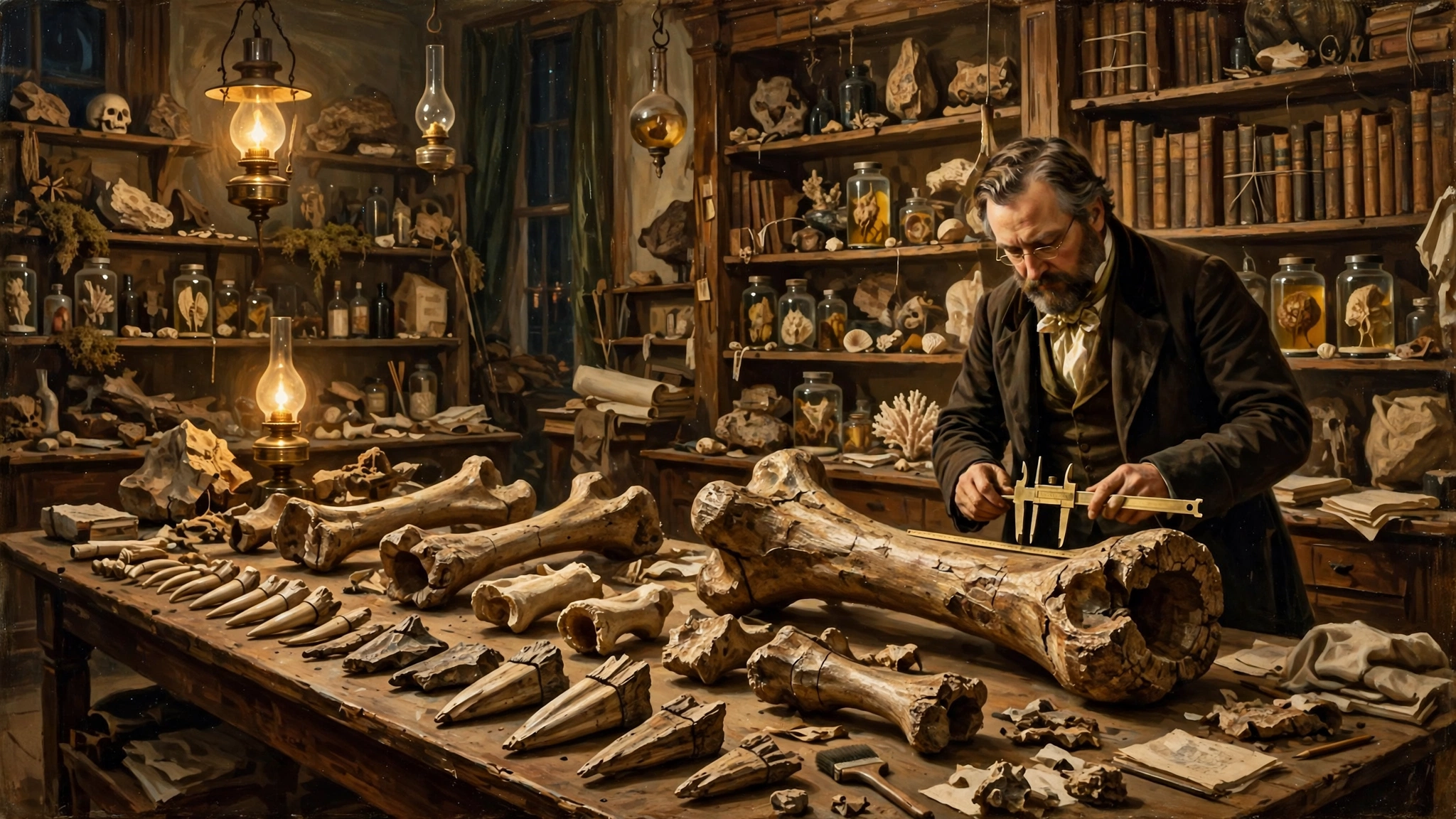 AI-assisted artistic interpretation of Joseph Leidy studying the Hadrosaurus fossils in 1858, not a historical photograph